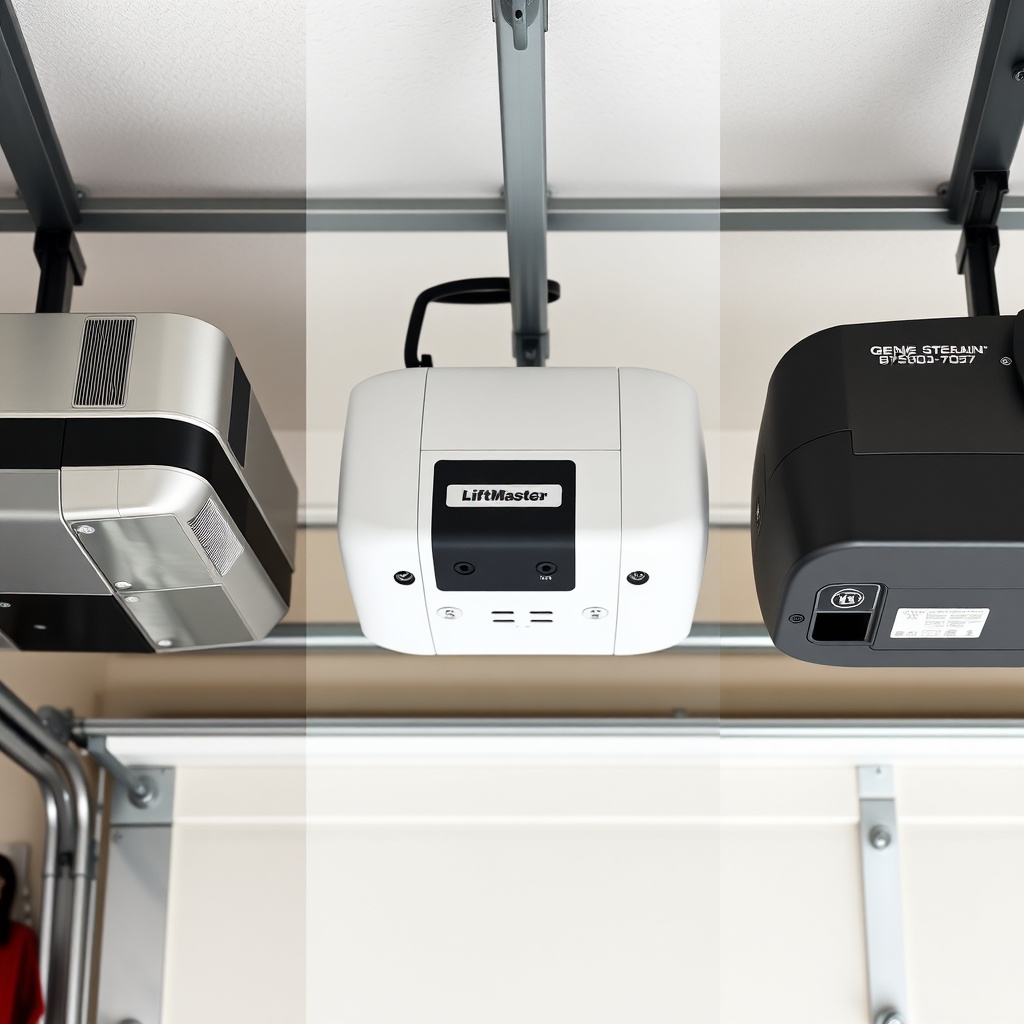 A clean photorealistic side-by-side photo showing three garage door openers mounted in a g