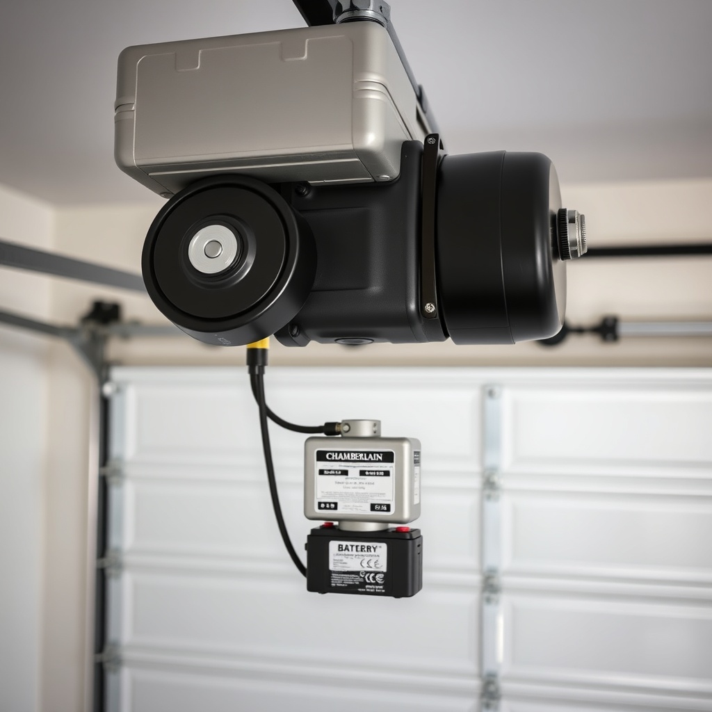 A clean photorealistic close-up photo of a Chamberlain B1381 motor unit in a garage