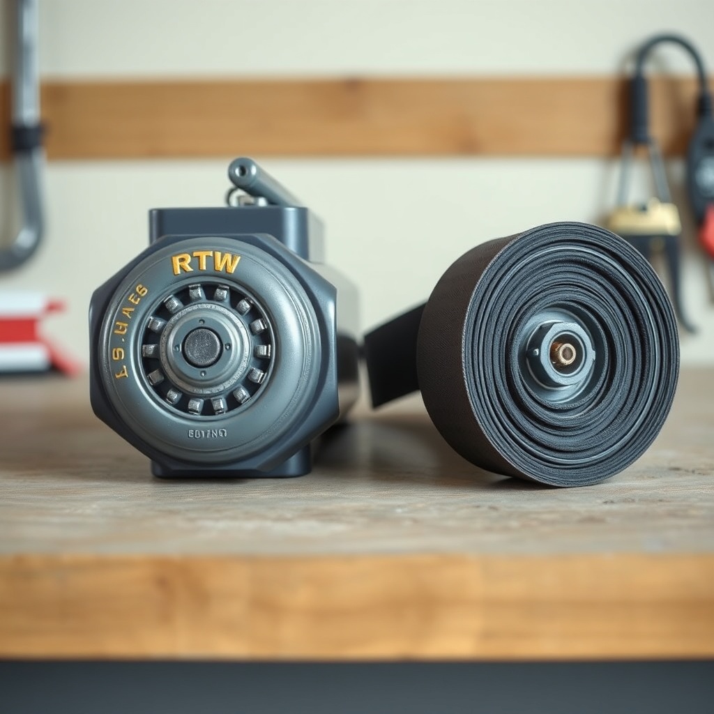 A clean photorealistic photo showing a worn garage door opener belt with missing teeth com