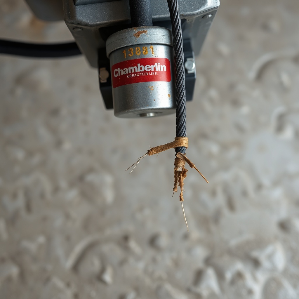A photorealistic close-up of a frayed garage door cable on a Chamberlain B1381 opener
