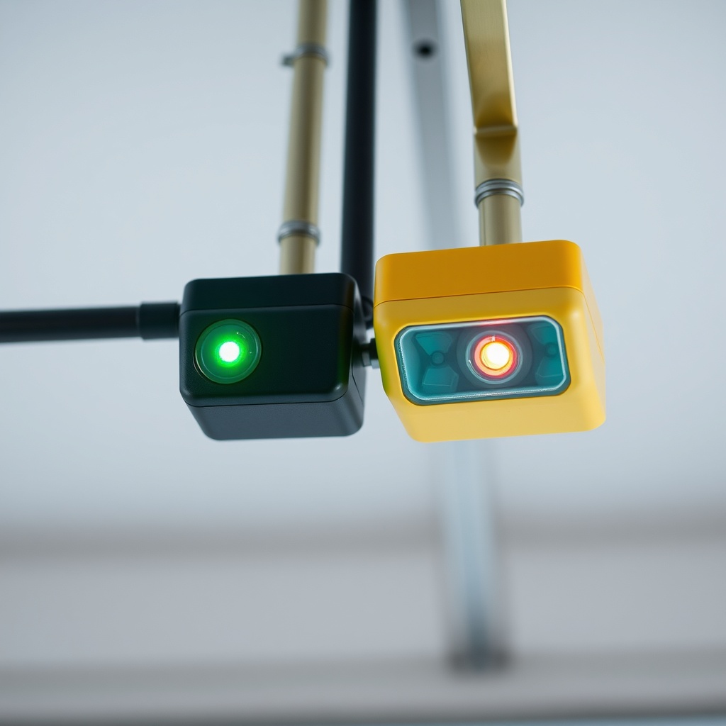 A photorealistic close-up of two black and yellow garage door safety sensors facing each o