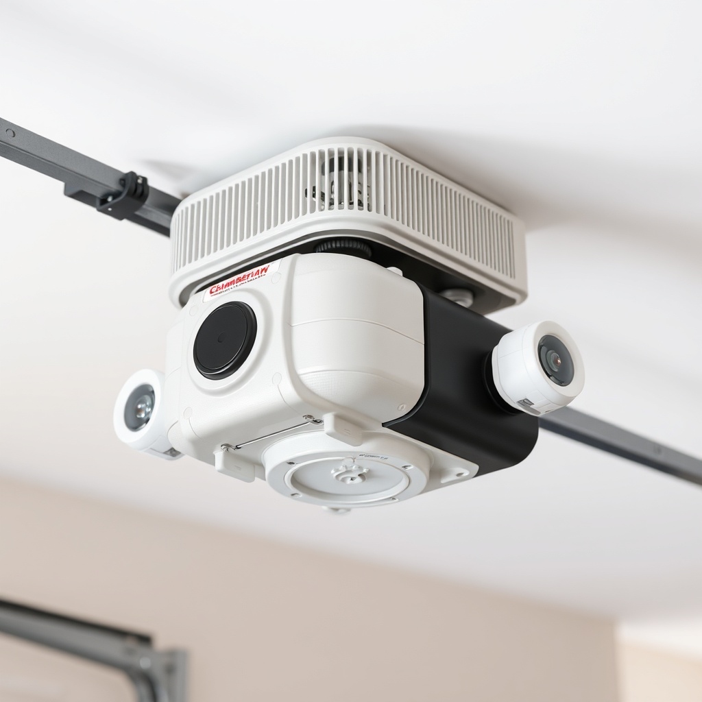A clean photorealistic photo of a Chamberlain B1381 motor unit mounted on a garage ceiling