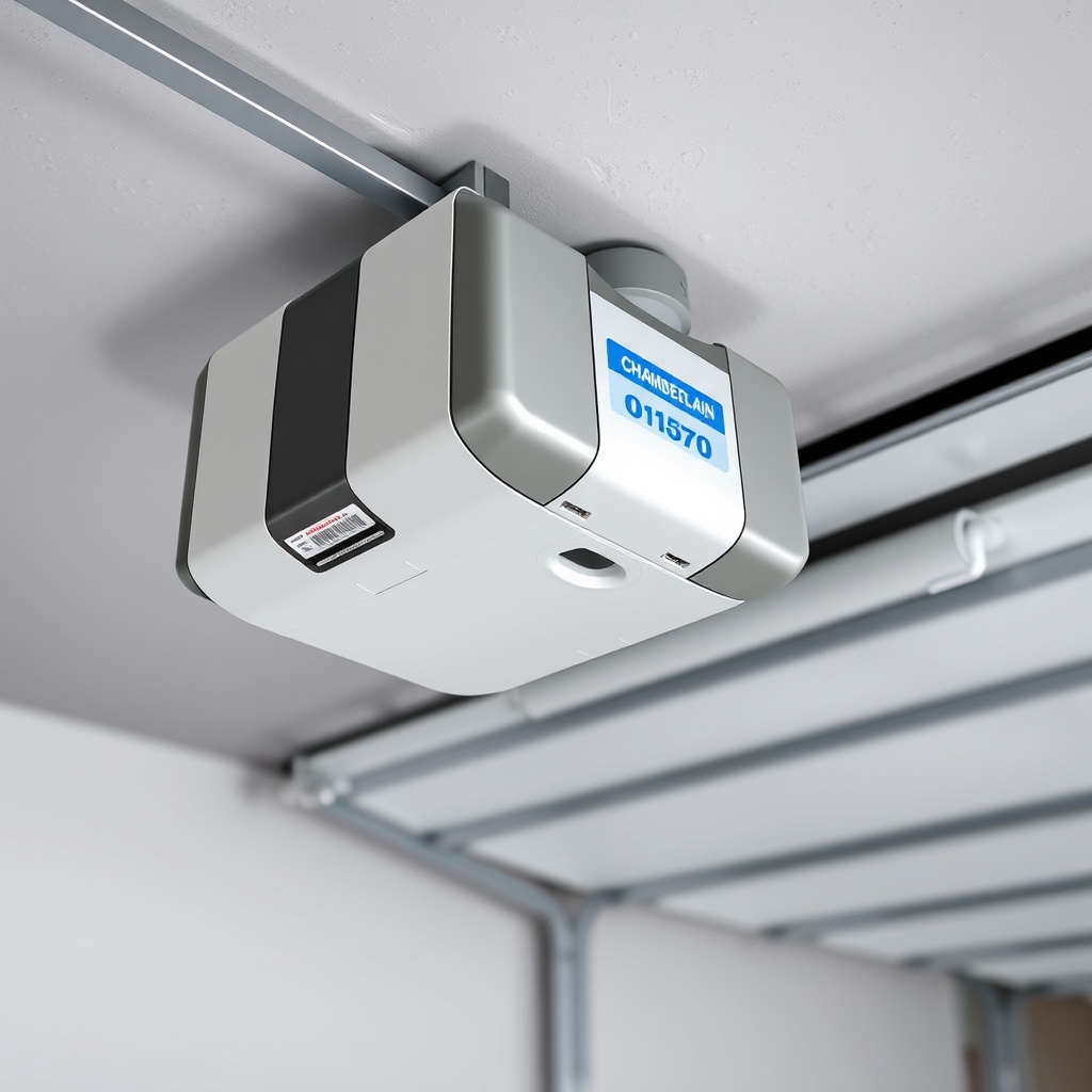 A Chamberlain B1381 opener mounted on a grey garage ceiling