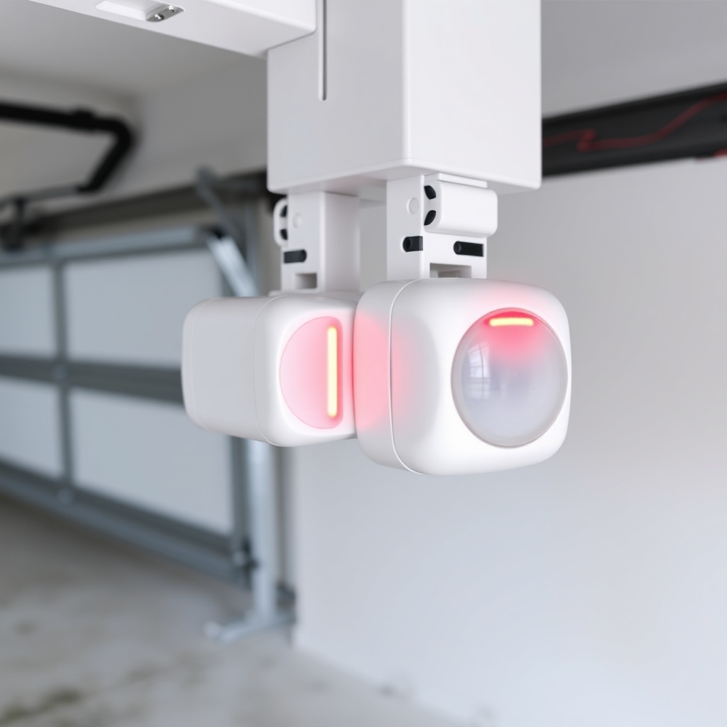 A pair of white plastic safety sensors mounted on metal brackets clamped to a garage door