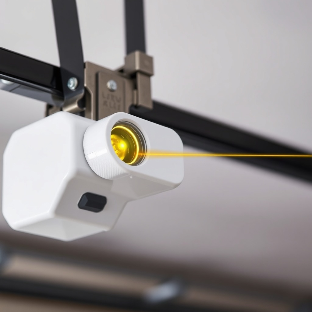 A close-up of a white garage door safety sensor with a yellow laser pointing from its lens