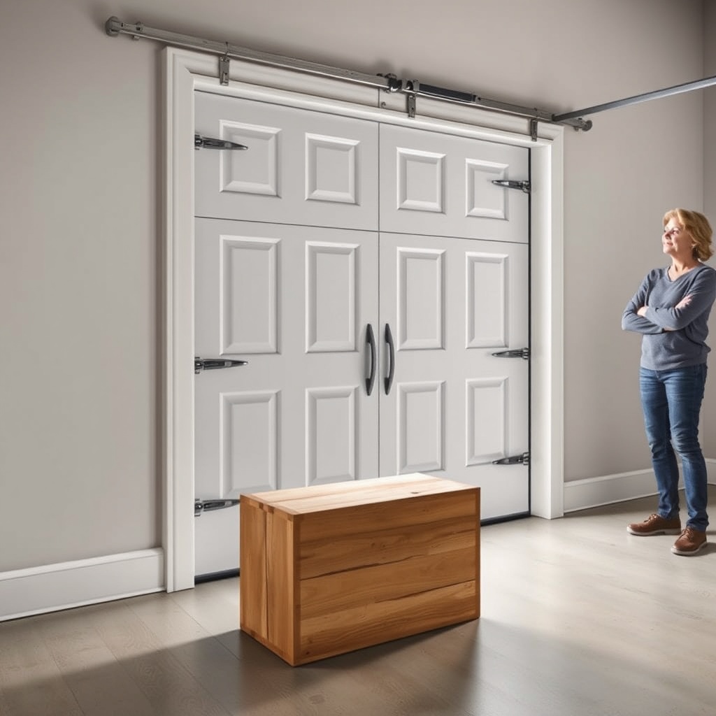 A photorealistic image of a Chamberlain B1381 door reversing mid-close with a block of woo