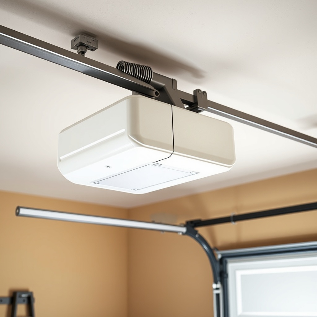 A clean photorealistic photo showing a Chamberlain B1381 opener mounted above a garage doo