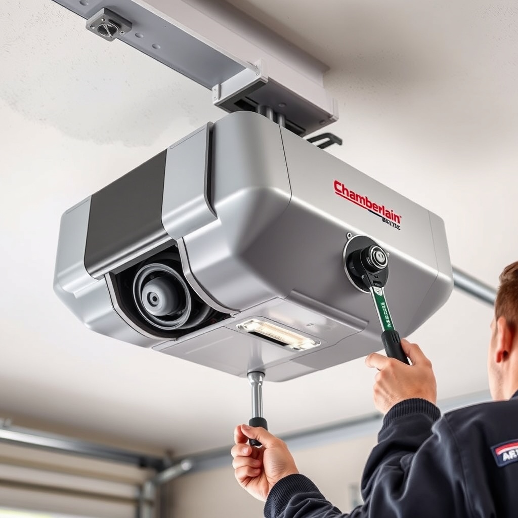 A photorealistic side-view of a Chamberlain B1381 opener mounted on a garage ceiling