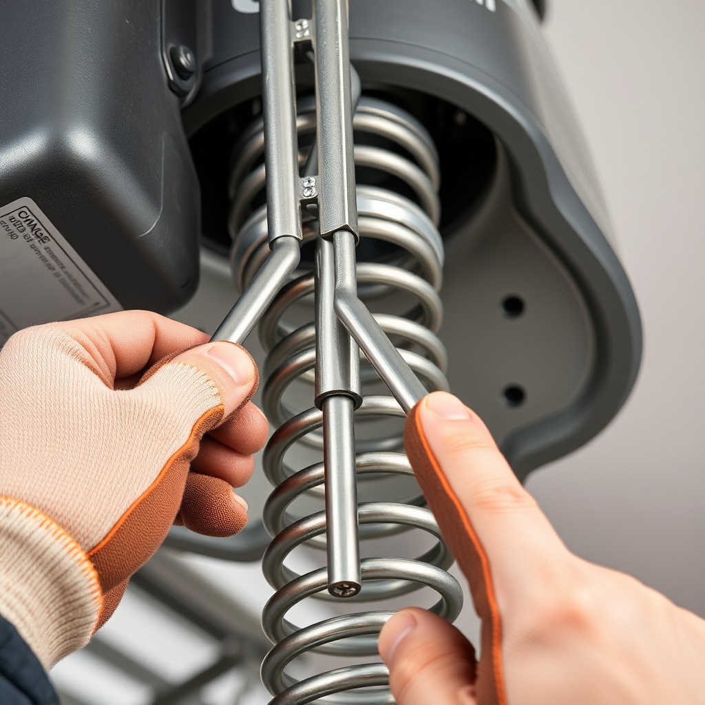 A photorealistic close-up of a technician's hands inserting two steel winding bars into th