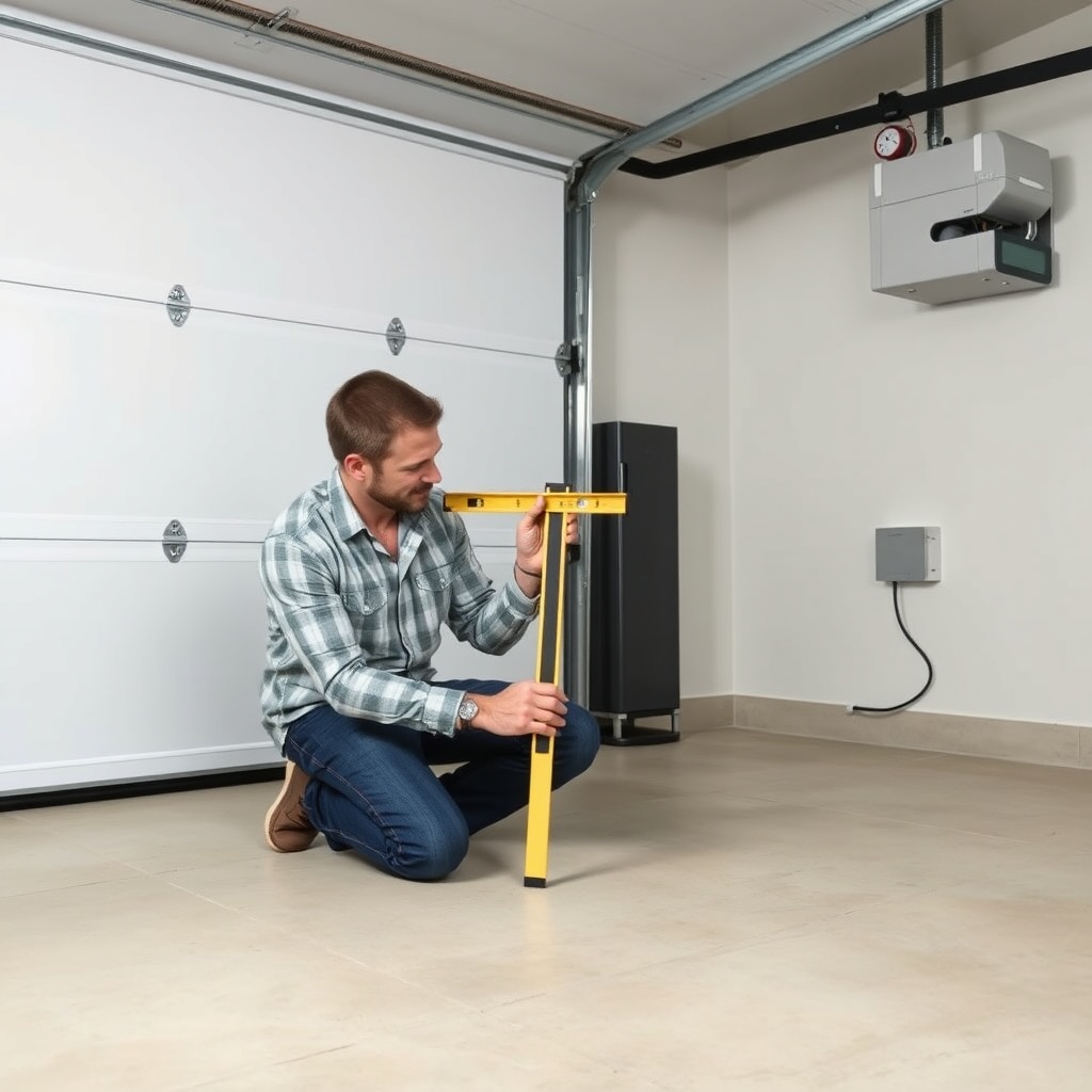 A homeowner kneeling next to a garage door track