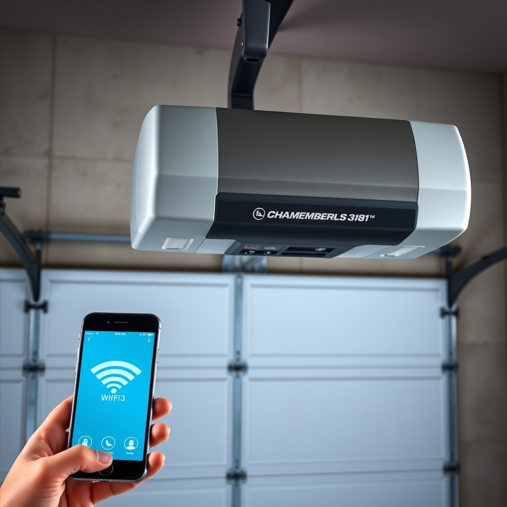 <clean photorealistic photo of a Chamberlain B1381 garage door opener with a person holdin