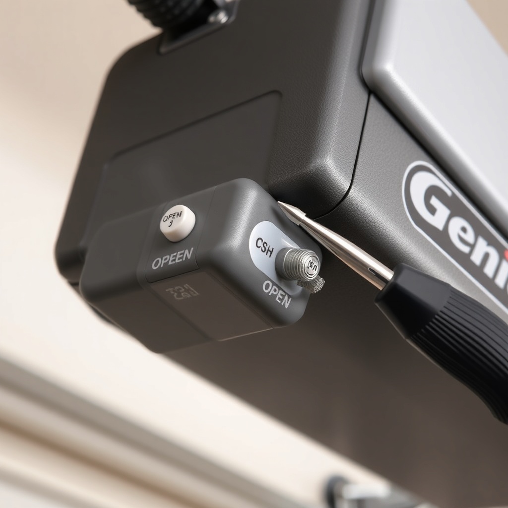 A photorealistic close-up of a Genie SilentMax 1200 garage door opener motor unit showing
