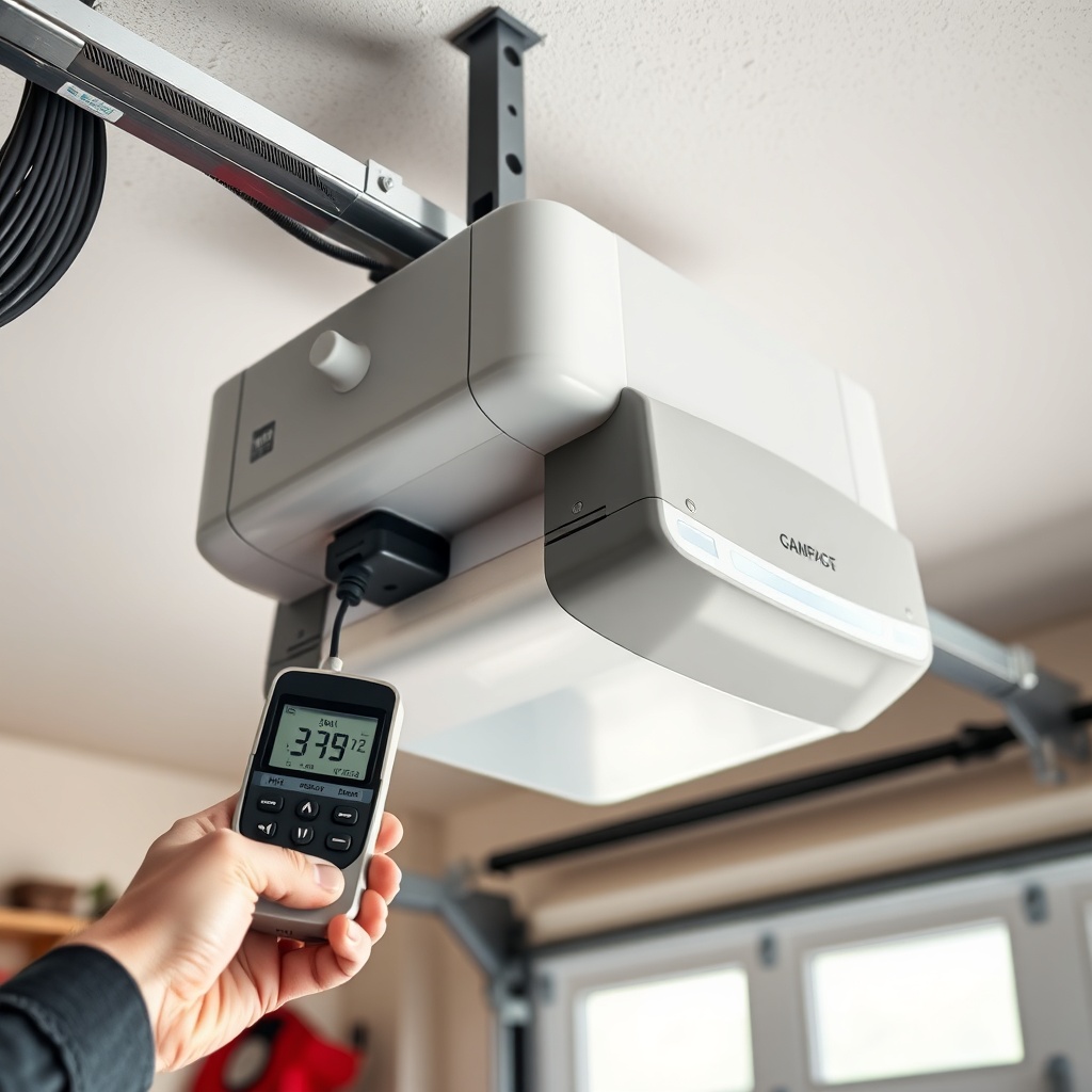 A photorealistic photo of a garage door opener installed on a ceiling