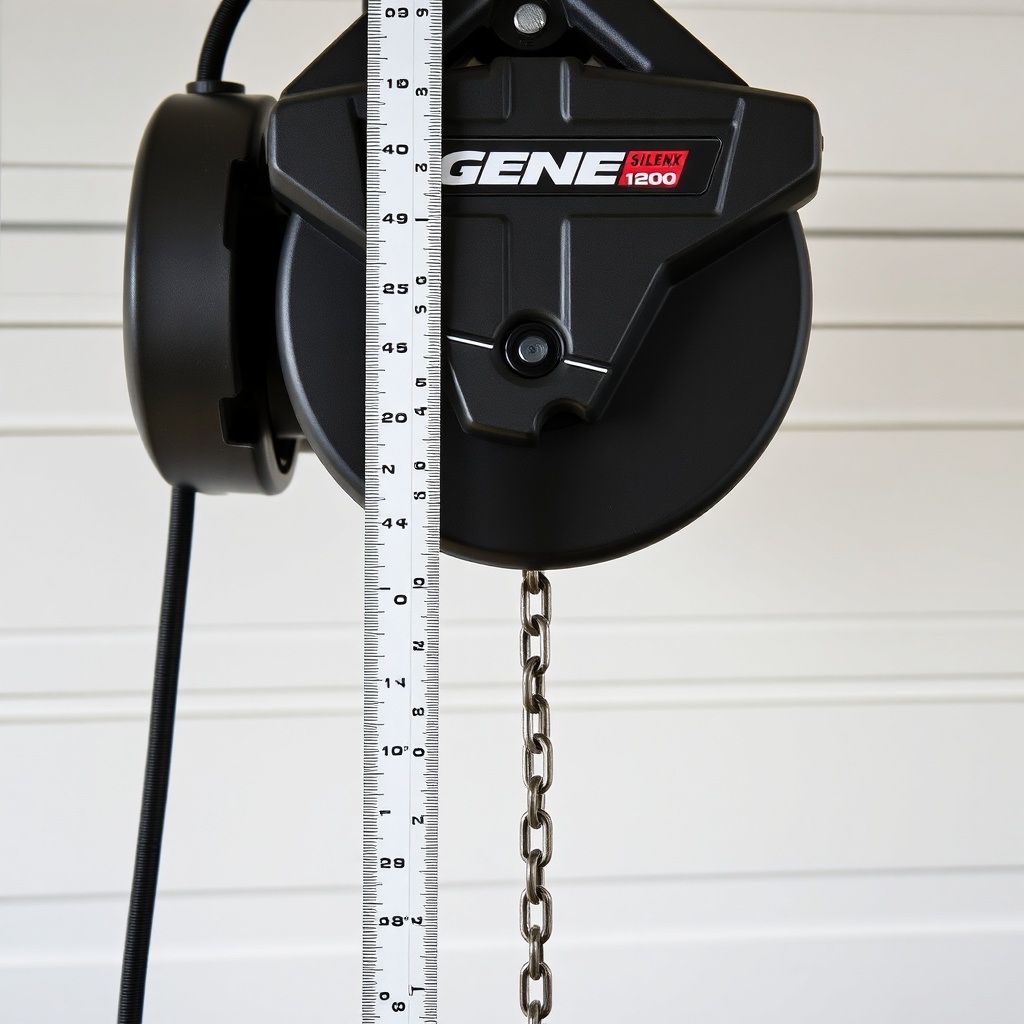 A photorealistic photo showing a close-up of a Genie SilentMax 1200 chain drive with a rul