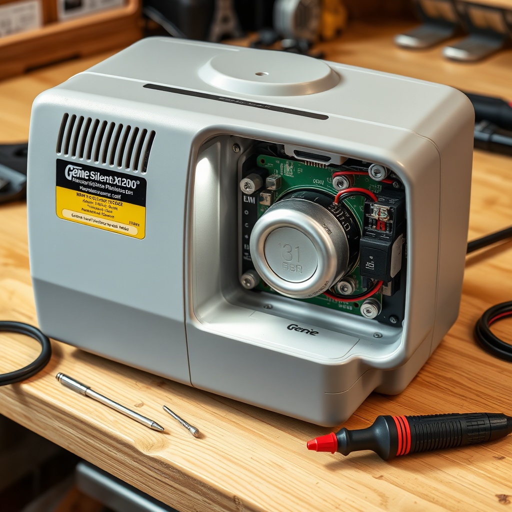 A clean photorealistic photo of a Genie SilentMax 1200 opener unit with the light cover re