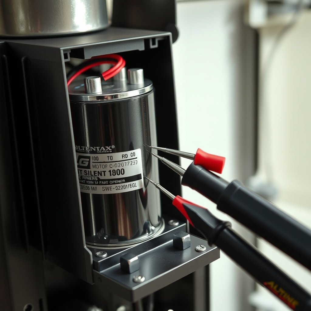 A clean photorealistic photo of a Genie SilentMax 1200 motor capacitor being removed from