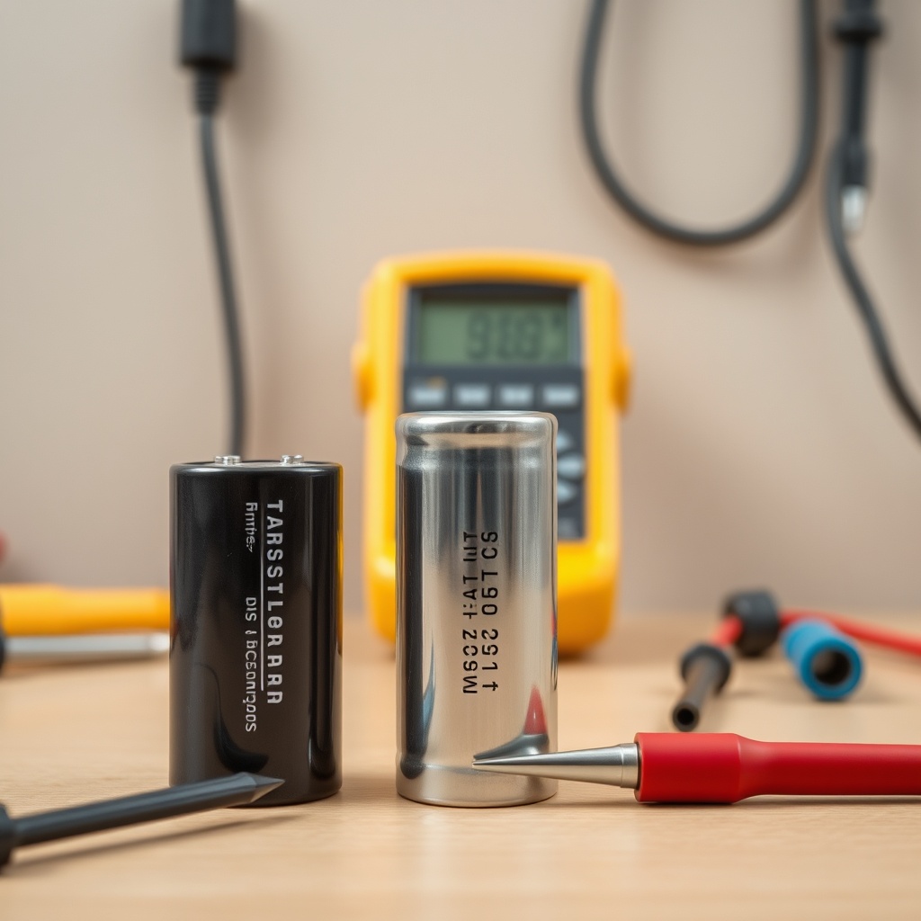 A clean photorealistic photo of a new capacitor next to a multimeter and screwdrivers on a