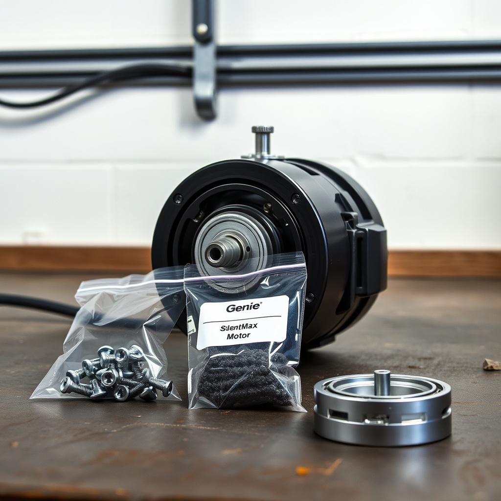 A photorealistic close-up photo of a Genie SilentMax 1200 motor replacement kit sitting on