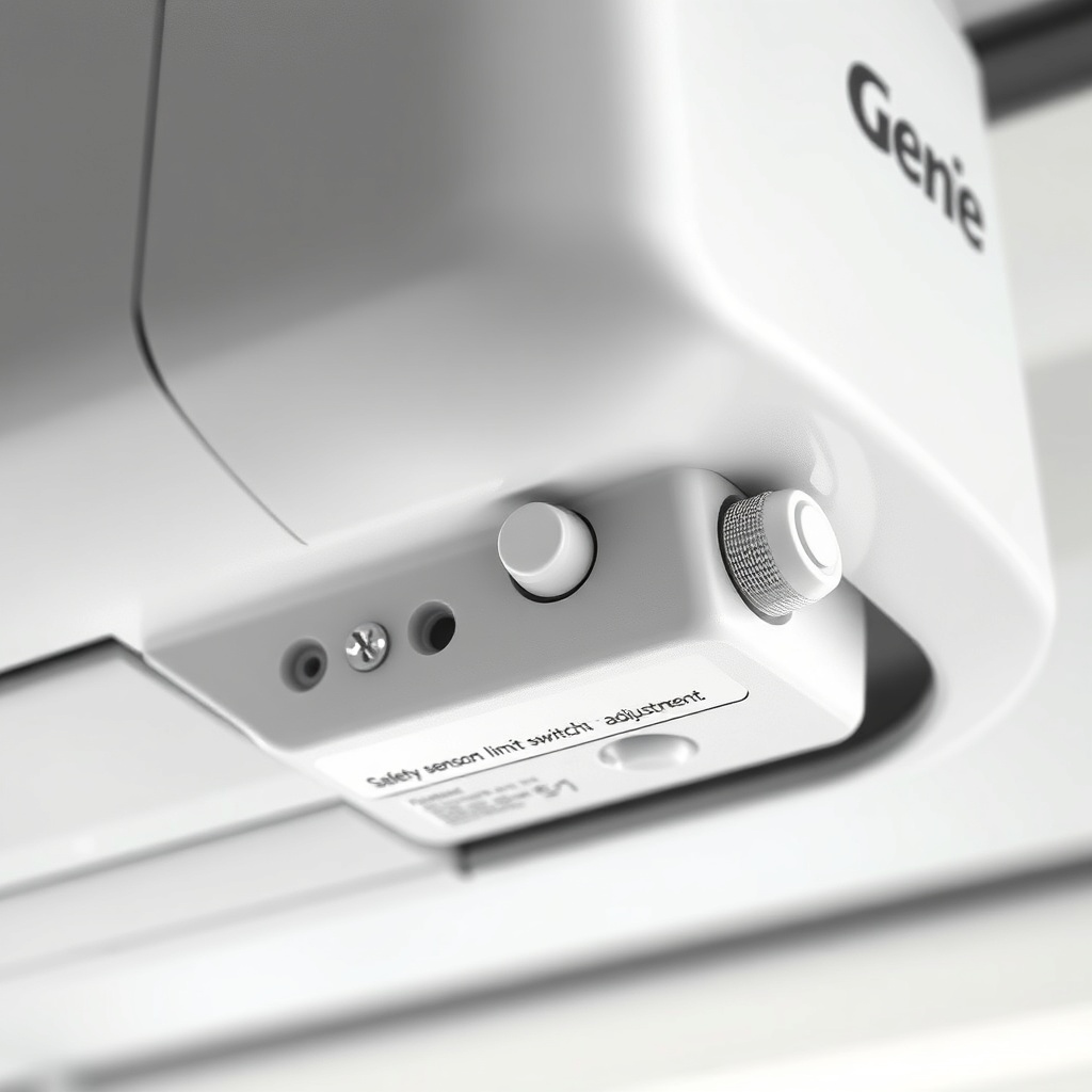 A photorealistic close-up of a Genie SilentMax 1200 opener showing safety sensors and limi
