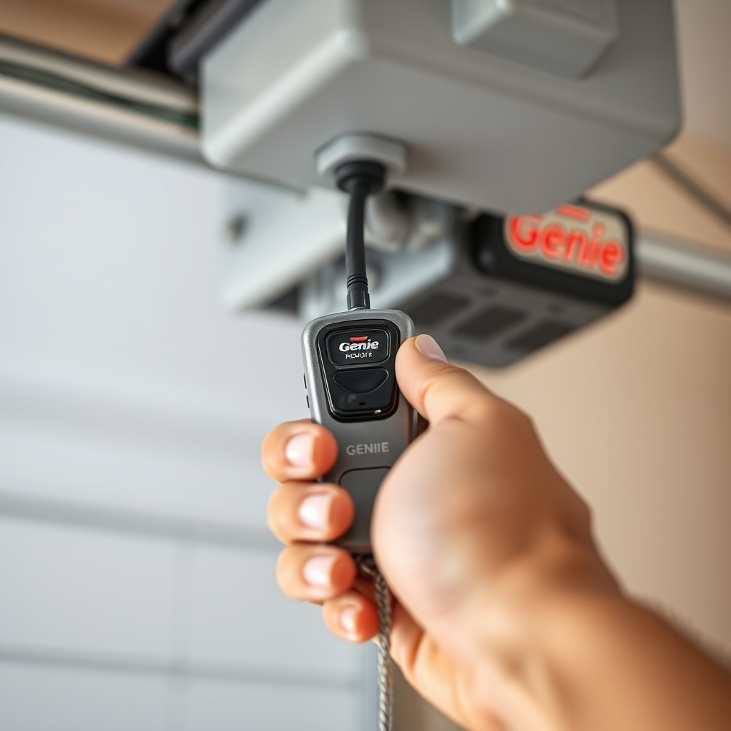 A photorealistic close-up of a hand holding a Genie remote within 2 inches of a garage doo