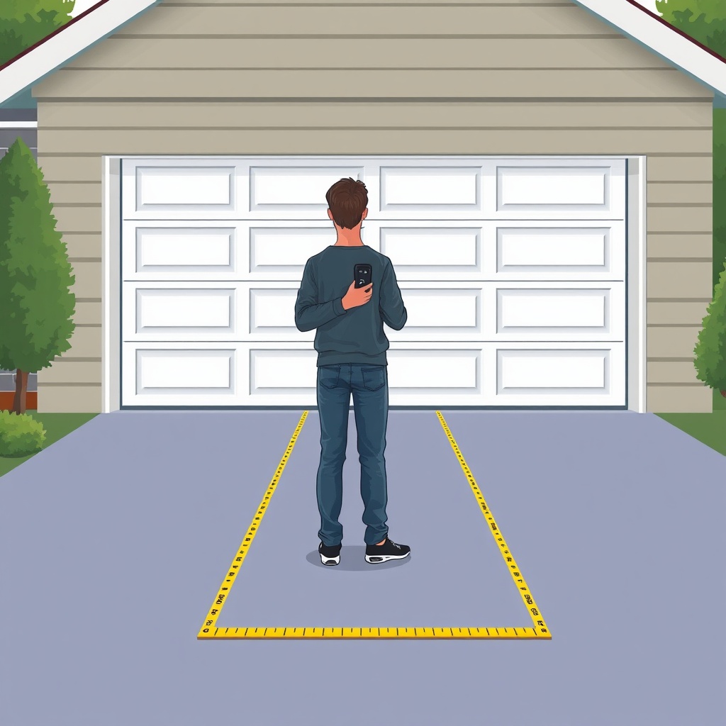 A photorealistic illustration of a person standing in a driveway at measured distances fro