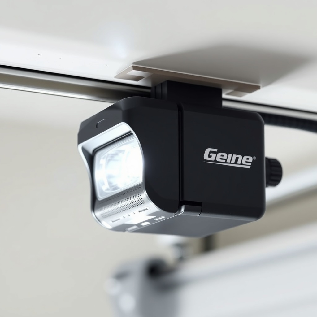 <A photorealistic close-up photo of a Genie SilentMax 1200 safety sensor unit mounted on a