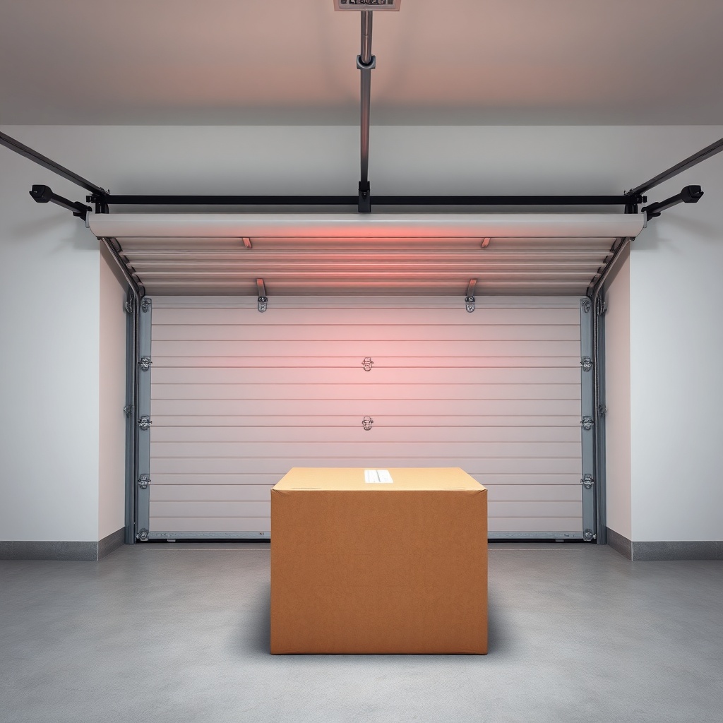<A photorealistic wide-angle shot of a garage door partially closed on a cardboard box