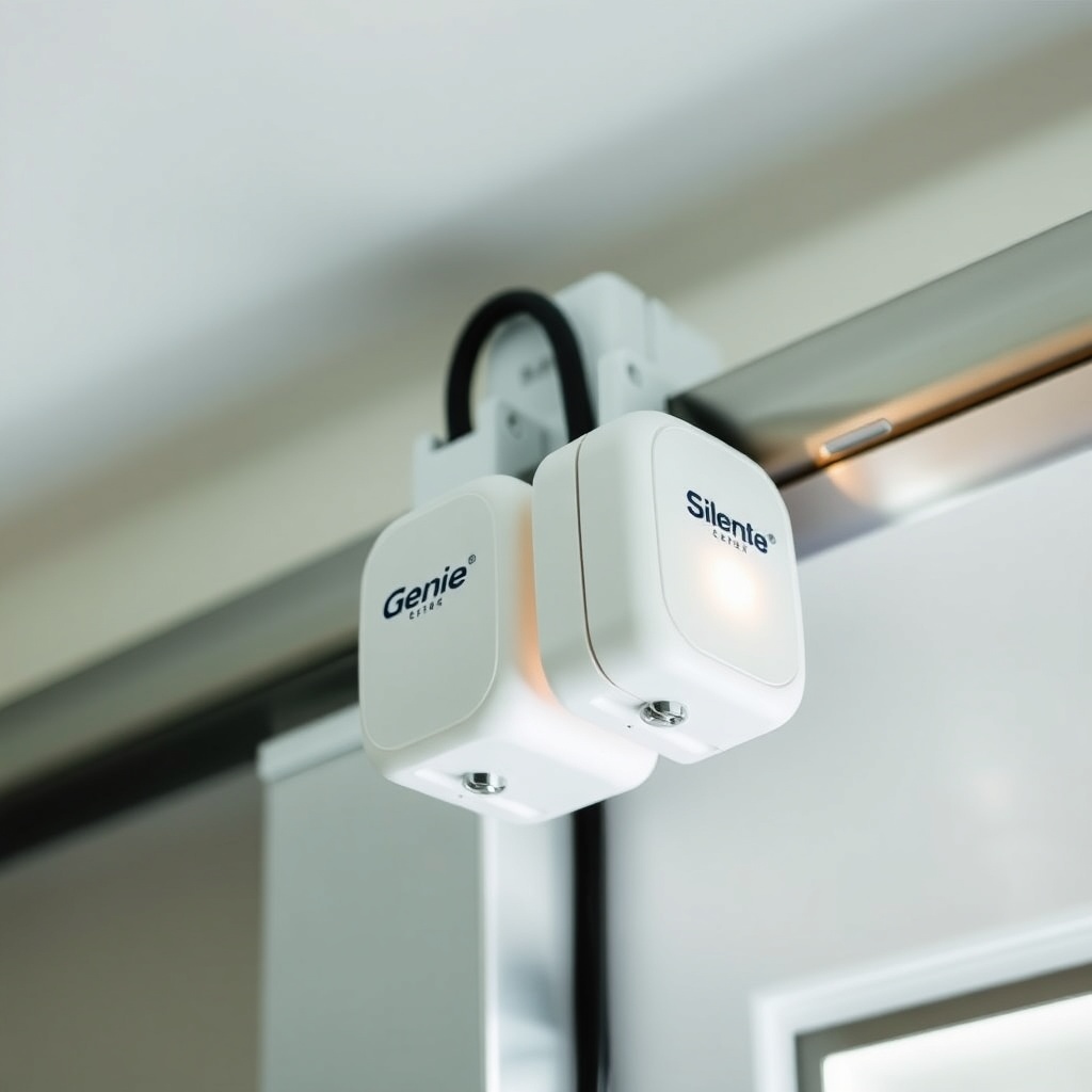 Close-up of a pair of Genie SilentMax 1200 safety sensors mounted on a door track