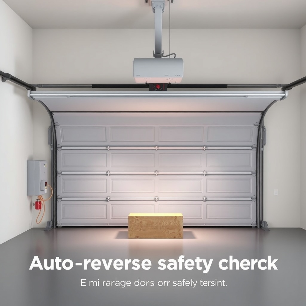 A garage door opener testing setup with a block of wood under the closing door