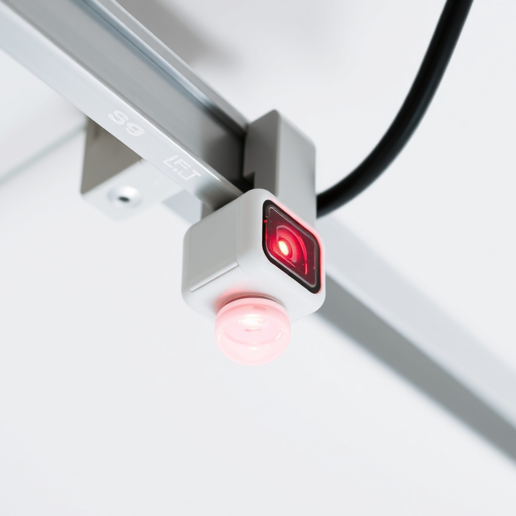 Close-up of a garage door safety sensor mounted on a metal bracket
