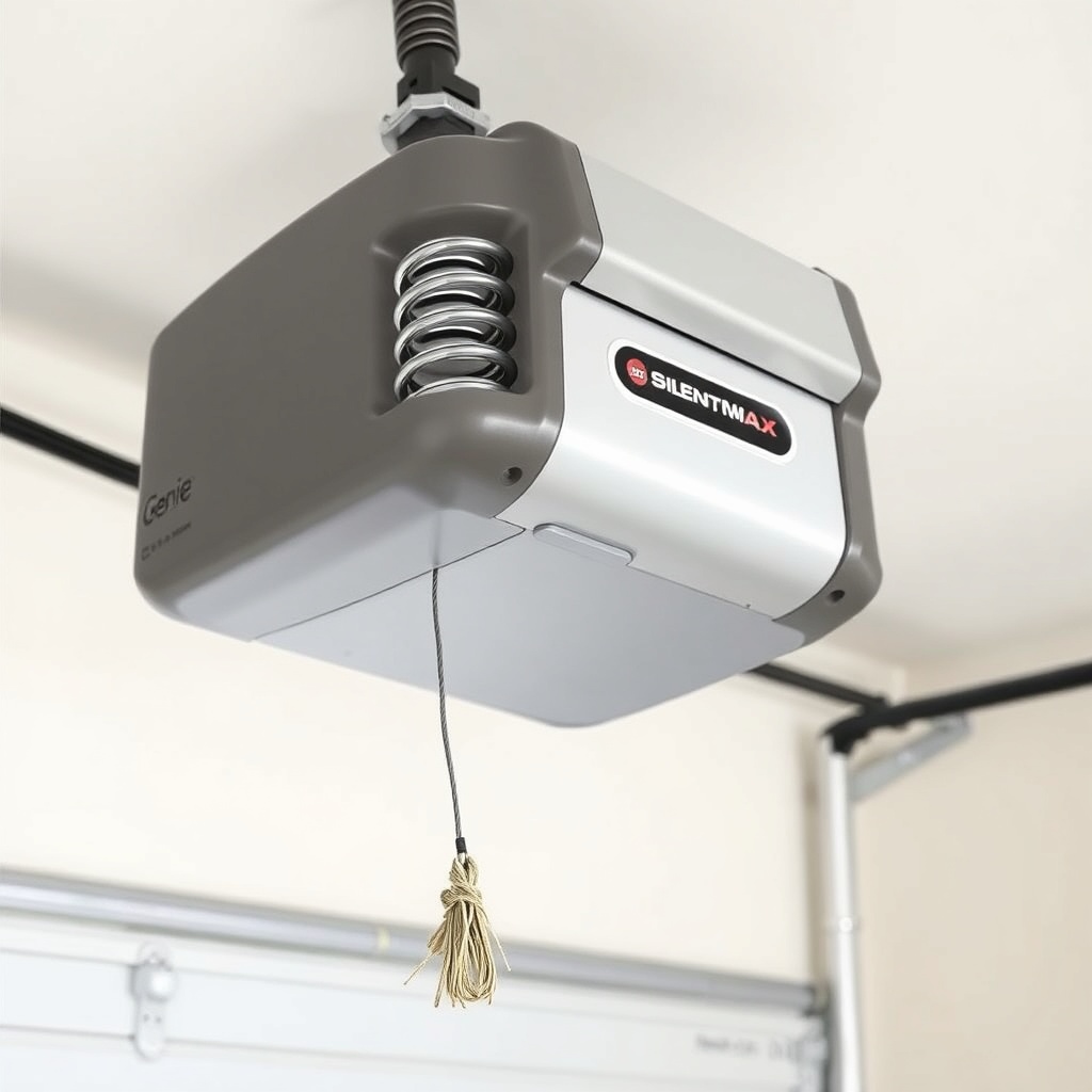 <clean photorealistic photo/illustration of a Genie SilentMax 1200 opener with a garage do