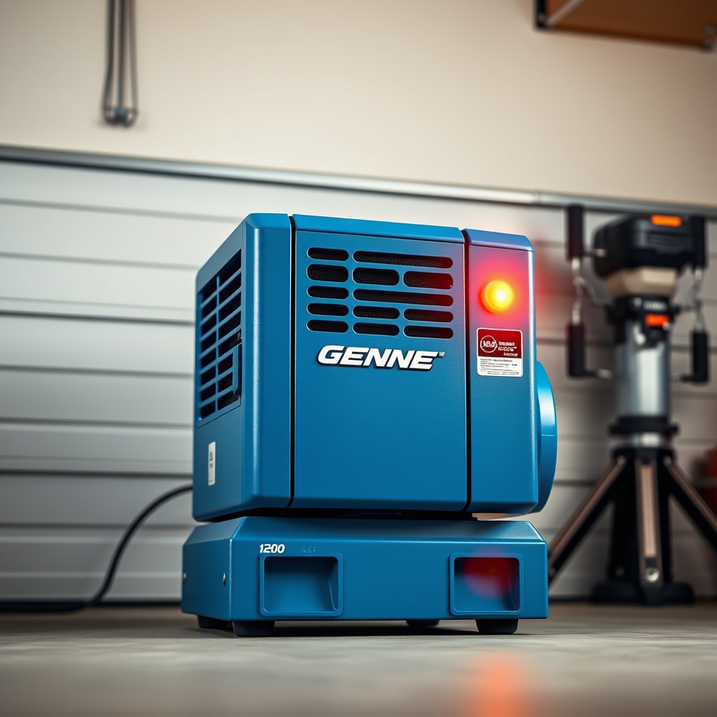 <A photorealistic photo of a Genie SilentMax 1200 motor unit with a solid orange LED