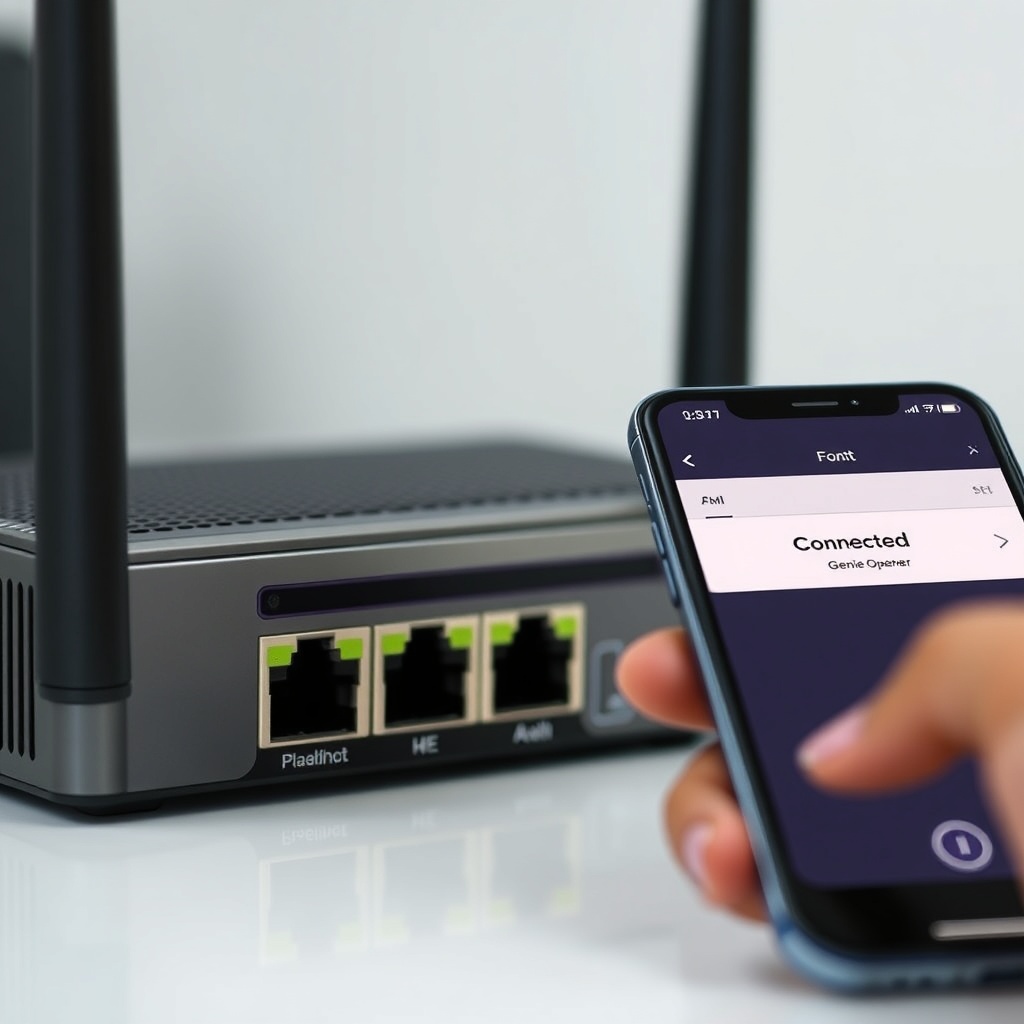 A photorealistic editorial photo showing a close‑up of a router with labelled Ethernet por