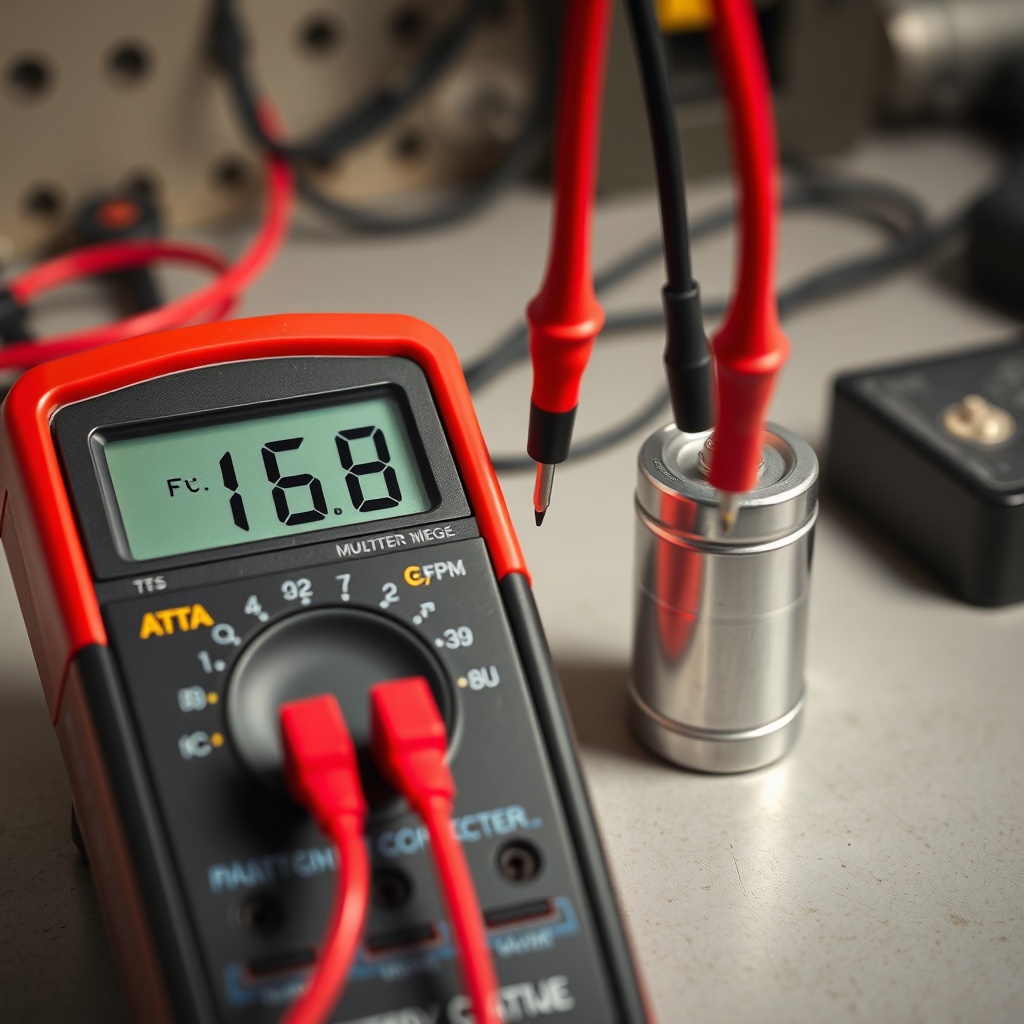 A clean photorealistic photo of a digital multimeter displaying "168 µF" with red and blac