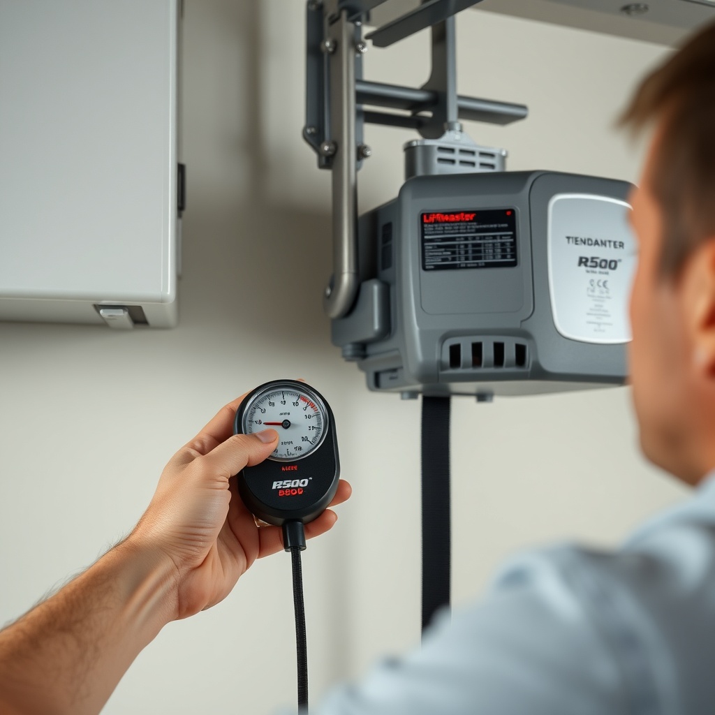 <clean photorealistic photo/illustration of a homeowner using a tension gauge on the belt