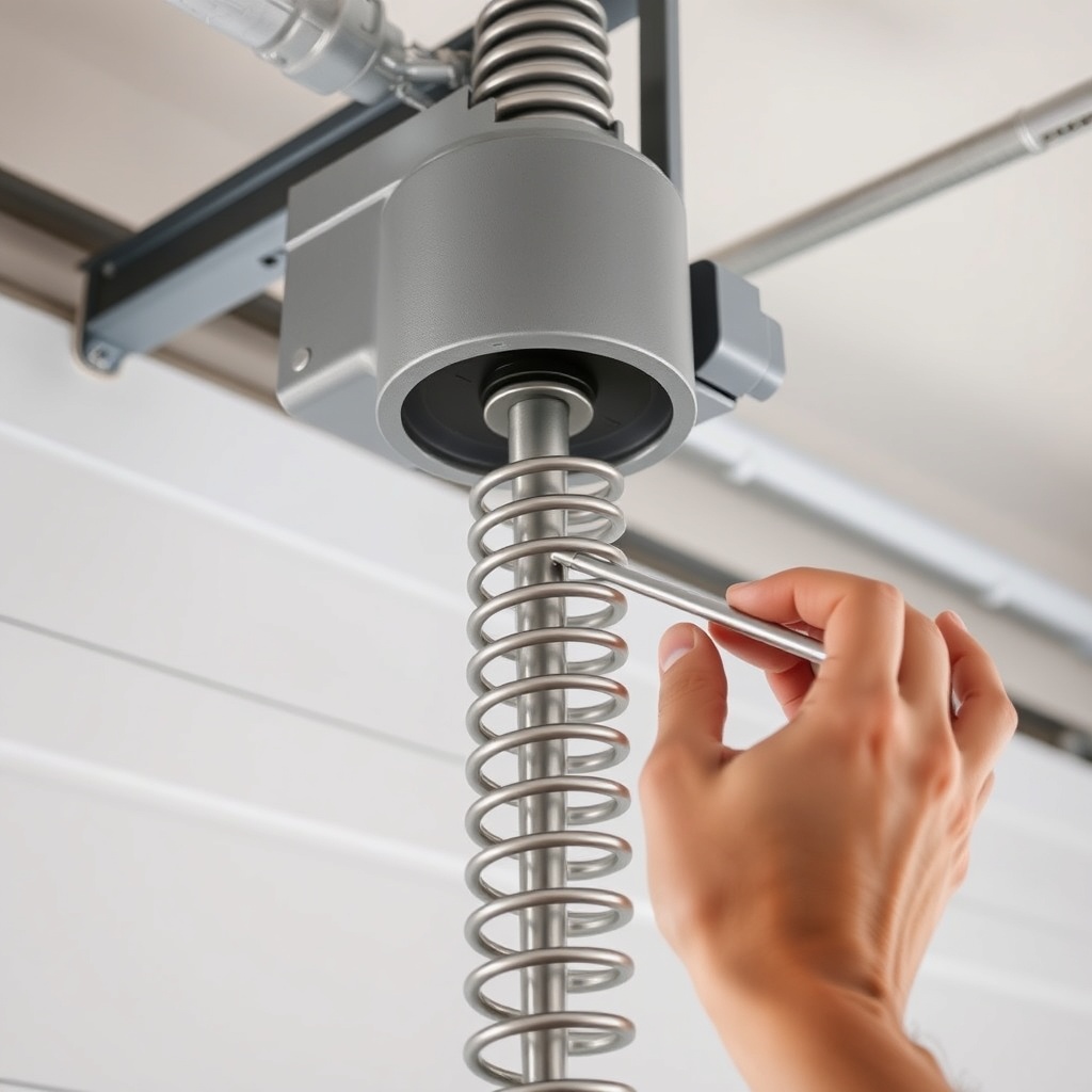 A photorealistic close-up of a person's hands inserting winding bars into a torsion spring