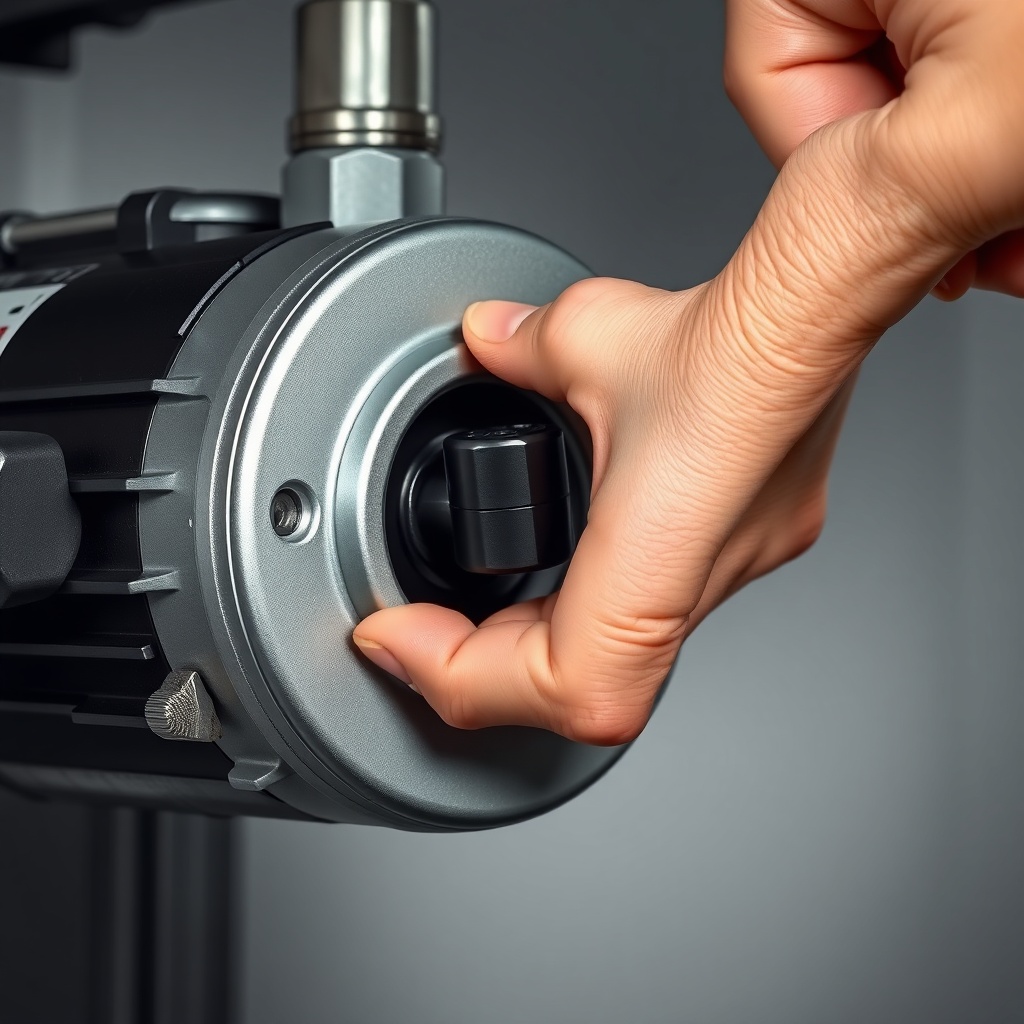 A clean photorealistic photo of a hand installing a new black drive coupling onto the moto