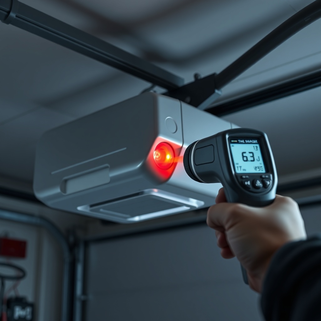 A clean photorealistic photo of a garage door opener motor unit with an infrared thermomet