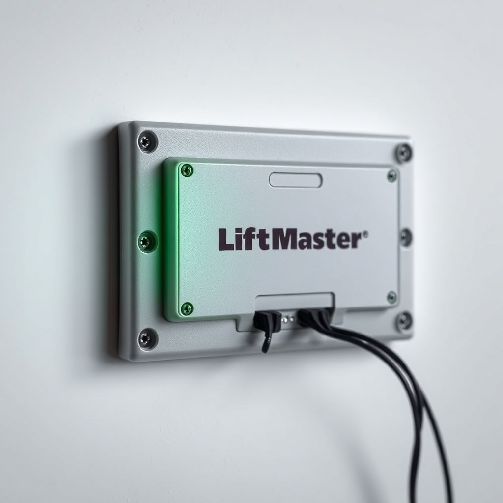 A clean photorealistic photo of a LiftMaster wall control panel mounted on a wall