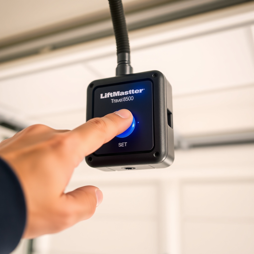 A photorealistic close-up of a LiftMaster 8500 travel module with finger pressing the SET