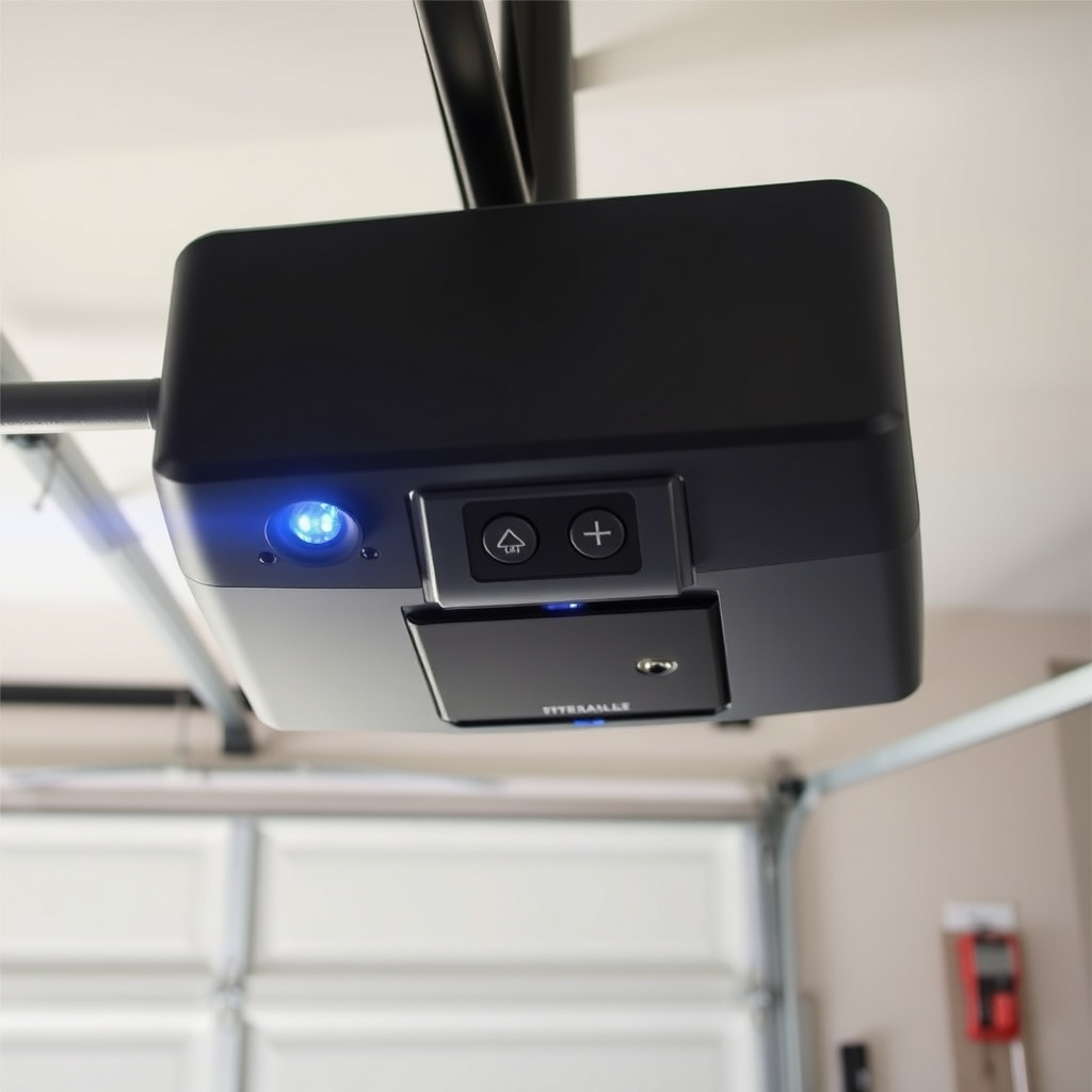 A photorealistic view from inside a garage looking at an 8500 opener mounted on the wall w