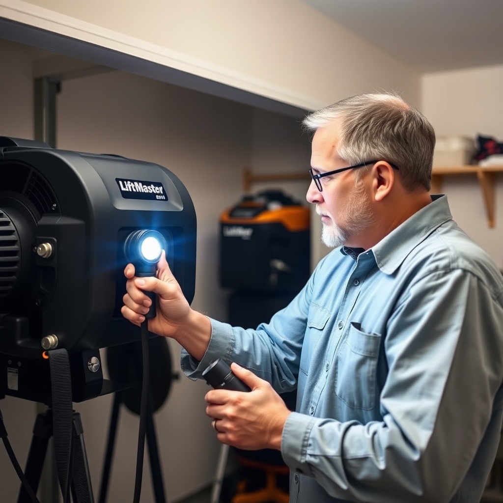 A clean photorealistic photo of a homeowner inspecting the drive belt on a LiftMaster 8500