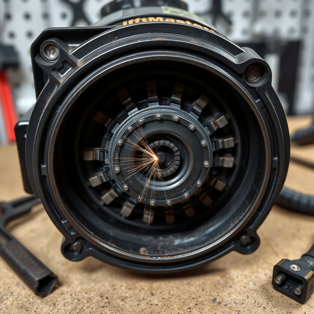 A photorealistic close‑up of an open LiftMaster 8500 motor housing showing worn carbon bru