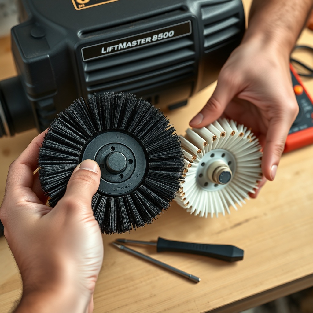 A photorealistic image of a homeowner's hands holding a new motor brush beside a worn brus
