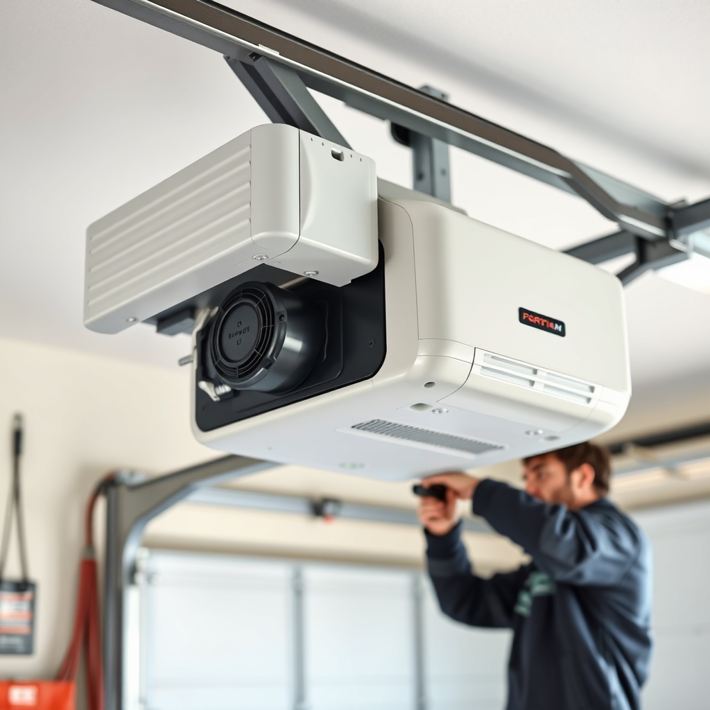 <clean photorealistic photo of a garage door opener mounted on a wall