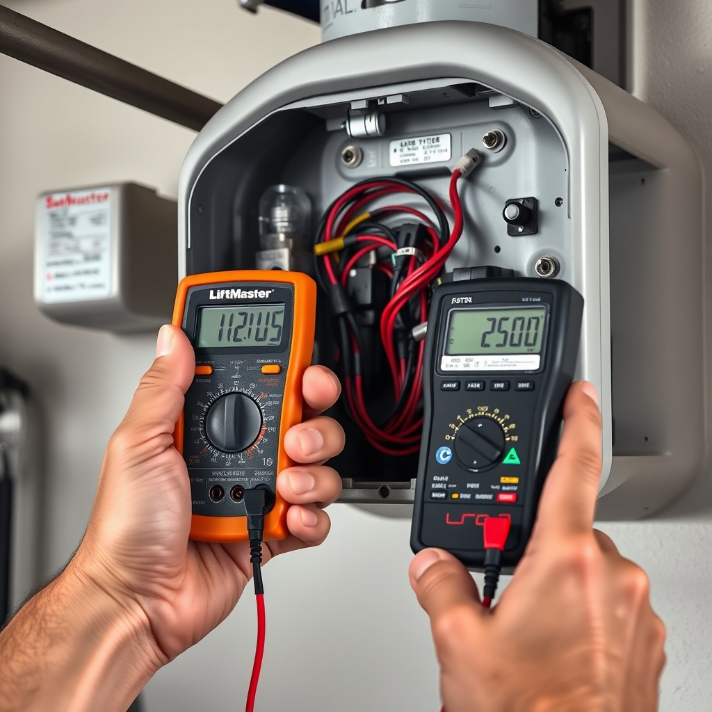 A photorealistic close-up of a technician's hands using a digital multimeter to test a cap