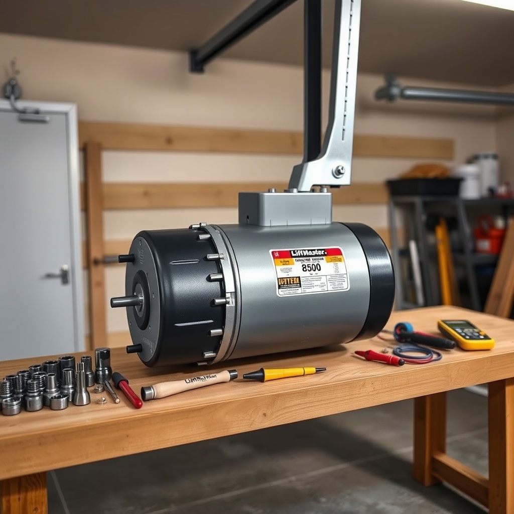 A clean photorealistic photo showing a single LiftMaster 8500 motor unit removed from the