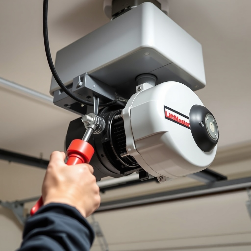 A clean photorealistic photo showing a new LiftMaster 8500 motor being aligned within the