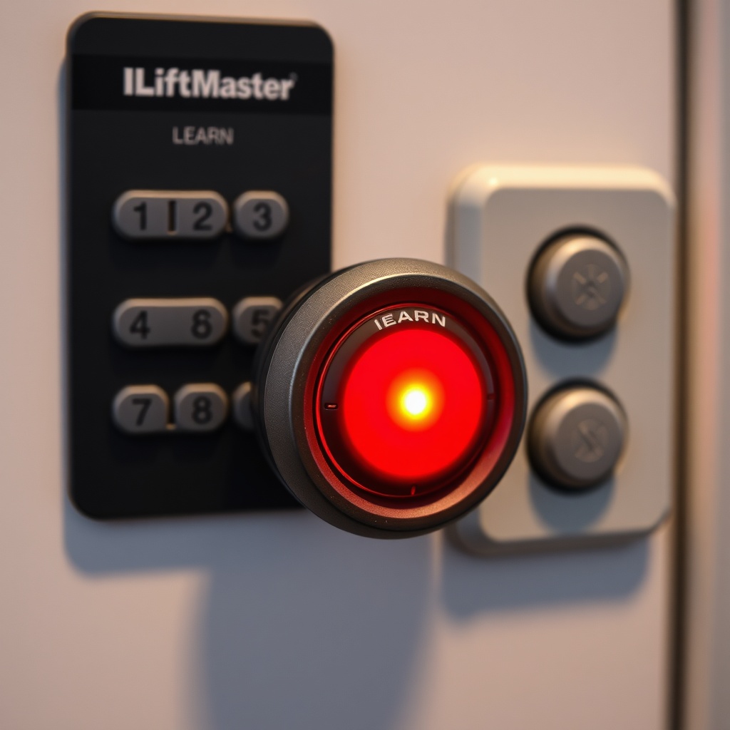 A photorealistic photo of the LiftMaster 8500 learn button showing a solid red light