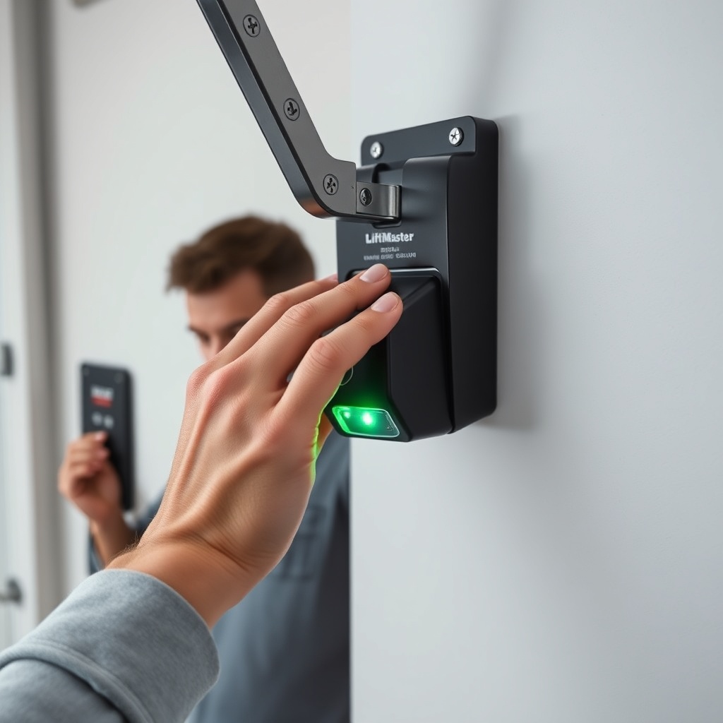 A clean photorealistic photo showing a homeowner’s hand gently rotating a LiftMaster 8500